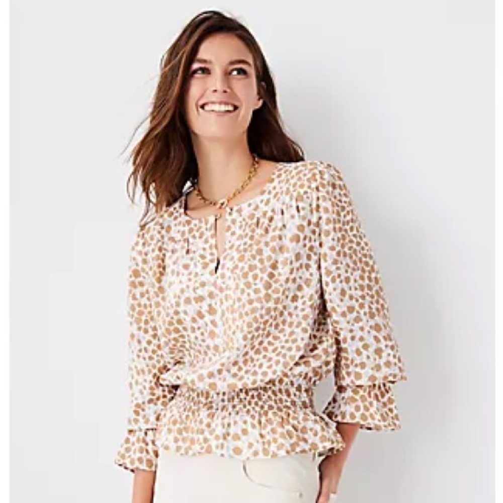 ANN TAYLOR Leopard Print Smocked Waist Top Spiced Taupe (tan), White and Gray
